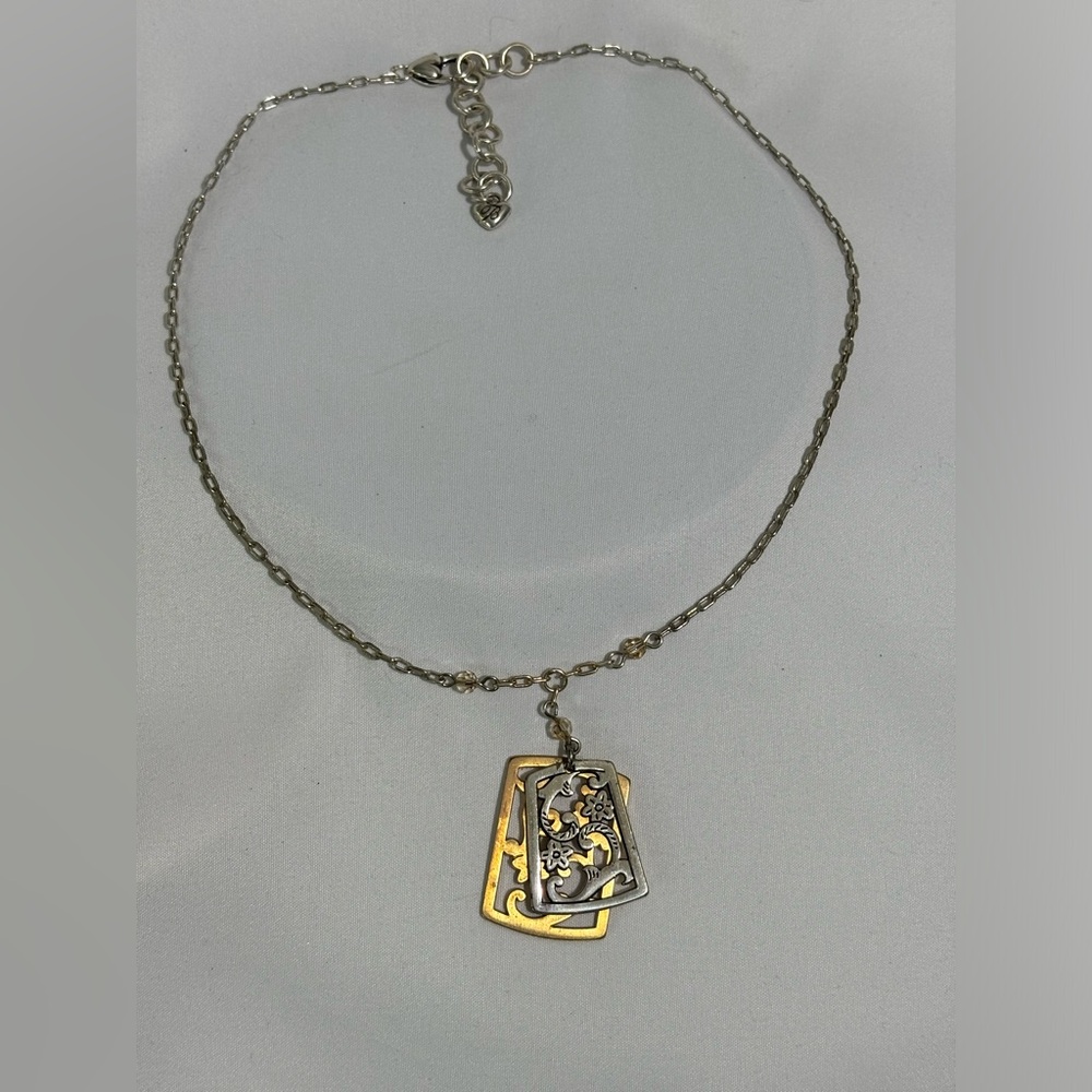 Brighton Two Toned Gold & Silver Plated Floral Dog Tag 18-20” Necklace with Gems - Picture 2 of 4